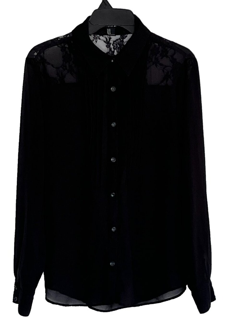 Forever 21 Women's Button Up Top sz M Sheer Chiffon Black Fairy Grunge Wimsigoth